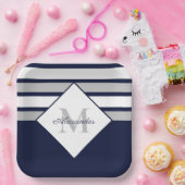 Monogramm für nautische, moderne blaugraue Streife Pappteller (Party)