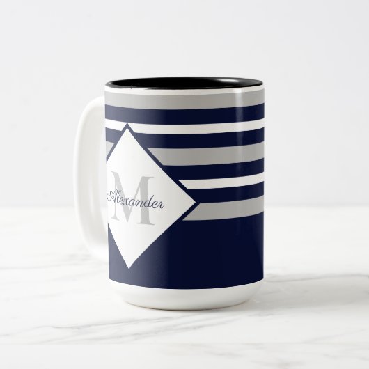 Monogramm für nautische, moderne blaugraue Streife Zweifarbige Tasse (Vorderseite Links)