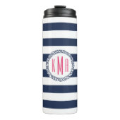 Monogramm für nautisches Rosa und Navy Preppy Stri Thermosbecher (Vorderseite)