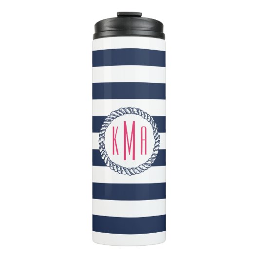 Monogramm für nautisches Rosa und Navy Preppy Stri Thermosbecher (Vorderseite)