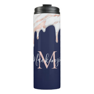 Monogramm für Navy Blue Rose Gold Dripping Marble Thermosbecher