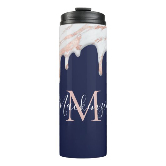 Monogramm für Navy Blue Rose Gold Dripping Marble Thermosbecher (Vorderseite)