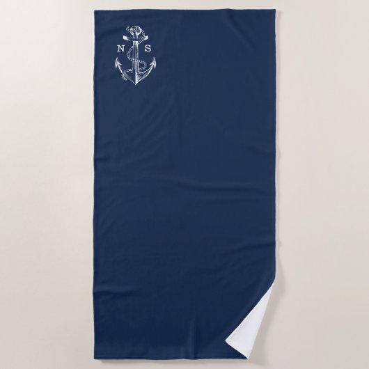 Monogramm für Navy Blue Ship Nautical Anchor & Rop Strandtuch (Vorderseite)