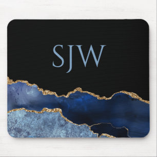 Monogramm für Navy Blue und Gold Agate Mousepad