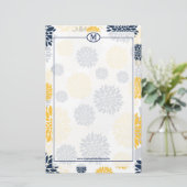 Monogramm für Navy Blue und Gold Floral Briefpapier (Stehend Vorderseite)