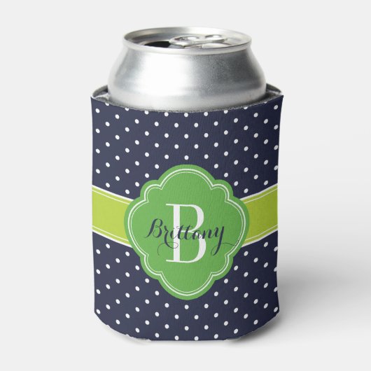 Monogramm für Navy Blue und Green Polka Dots Dosenkühler (Kanne Vorderseite)