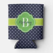 Monogramm für Navy Blue und Green Polka Dots Dosenkühler (Vorderseite)