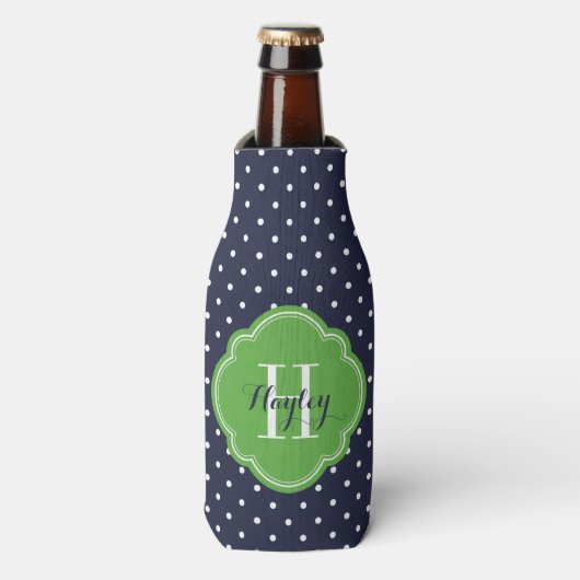 Monogramm für Navy Blue und Green Polka Dots Flaschenkühler (Flaschenvorderseite)