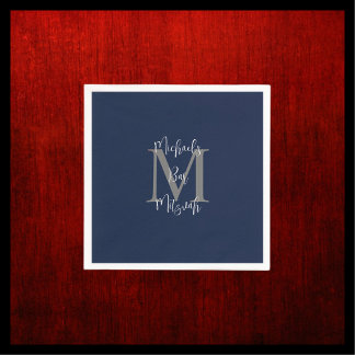 Monogramm für Navy Blue White Bar Mitzvah Name Serviette