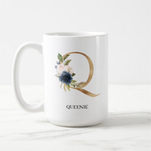 Monogramm für Navy Blush Floral Letter "Q" Person Kaffeetasse
