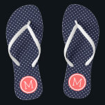 Monogramm für Navy und Coral Tiny Dots Badesandalen<br><div class="desc">Maßgeschneiderte gedreht Flop Sandalen mit einem niedlichen gürtelförmigen Polka-Punktmuster und einem eigenen Monogramm oder einem anderen Text in einem Kreisrahmen. Klicken Sie auf Anpassen,  um Schriftart und Farben zu ändern oder eigene Bilder hinzuzufügen,  um ein einzigartiges Design zu erstellen!</div>