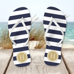 Monogramm für Navy und Gold Preppy Strips Badesandalen