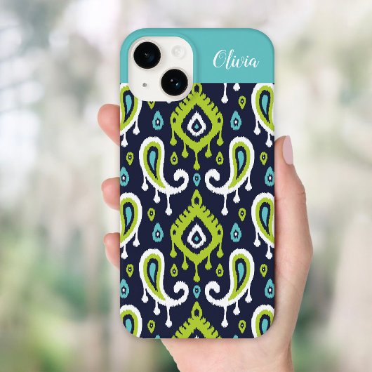 Monogramm für Navy und Green Ikat Paisley Case-Mate iPhone Hülle