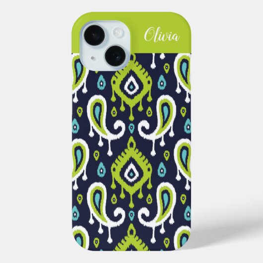 Monogramm für Navy und Green Ikat Paisley Case-Mate iPhone Hülle (Rückseite)