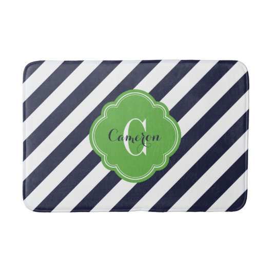 Monogramm für Navy und Green Preppy Strips Badematte (Vorderseite)