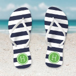 Monogramm für Navy und Green Preppy Strips Badesandalen<br><div class="desc">Maßgeschneiderte,  bedruckte Flop-Sandalen mit einem preppy-nautical-Stripe-Muster und einem eigenen Monogramm oder einem anderen Text in einem Circle-Rahmen. Klicken Sie auf Anpassen,  um Schriftart und Farben zu ändern oder eigene Bilder hinzuzufügen,  um ein einzigartiges Design zu erstellen!</div>