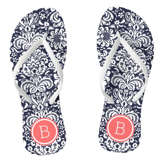 Monogramm für Navy- und Korallenfloral-Damask Badesandalen (Fußbett)
