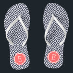 Monogramm für Navy und Korallengriechisches Schlüs Badesandalen<br><div class="desc">Maßgeschneiderte,  bedruckte Flop-Sandalen mit einem stilvollen,  modernen griechischen Schlüsselmuster und einem eigenen Monogramm oder einem anderen Text in einem Kreisrahmen. Klicken Sie auf Anpassen,  um Schriftart und Farben zu ändern oder eigene Bilder hinzuzufügen,  um ein einzigartiges Design zu erstellen!</div>