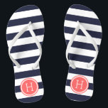 Monogramm für Navy- und Korallenpflaster Badesandalen<br><div class="desc">Maßgeschneiderte,  bedruckte Flop-Sandalen mit einem preppy-nautical-Stripe-Muster und einem eigenen Monogramm oder einem anderen Text in einem Circle-Rahmen. Klicken Sie auf Anpassen,  um Schriftart und Farben zu ändern oder eigene Bilder hinzuzufügen,  um ein einzigartiges Design zu erstellen!</div>