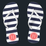 Monogramm für Navy- und Korallenpflaster Badesandalen<br><div class="desc">Maßgeschneiderte,  bedruckte Flop-Sandalen mit einem preppy-nautical-Stripe-Muster und einem eigenen Monogramm oder einem anderen Text in einem Circle-Rahmen. Klicken Sie auf Anpassen,  um Schriftart und Farben zu ändern oder eigene Bilder hinzuzufügen,  um ein einzigartiges Design zu erstellen!</div>