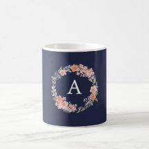 Monogramm für Navy und Peach Floral Wreath Tasse