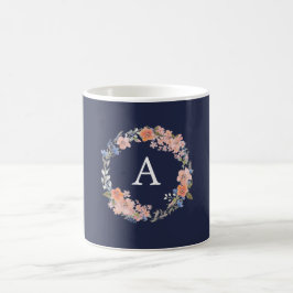 Monogramm für Navy und Peach Floral Wreath Tasse