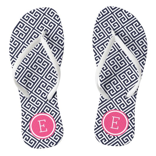 Monogramm für Navy und Pink-griechische Schlüssel Badesandalen (Fußbett)