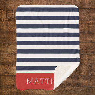 Monogramm für Navy und Red Stripes Editierbare F Sherpadecke