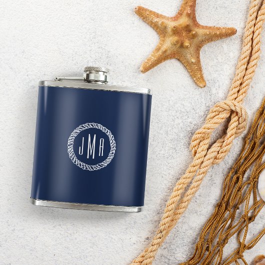 Monogramm für Navy und White Nautic Rope Flachmann