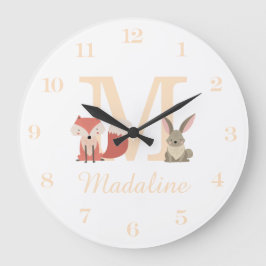 Monogramm für niedliche Fox-Kaninchen-Waldtiere Große Wanduhr