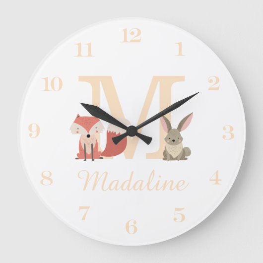 Monogramm für niedliche Fox-Kaninchen-Waldtiere Große Wanduhr (Vorderseite)