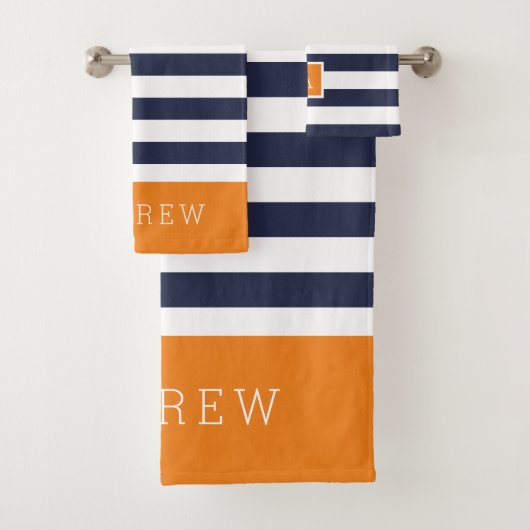 Monogramm für Orange und Navy Stripes Badhandtuch Set (Insitu)