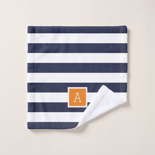Monogramm für Orange und Navy Stripes Badhandtuch Set (Waschlappen)