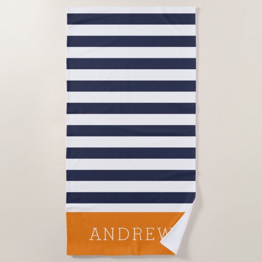 Monogramm für Orange und Navy Stripes Strandtuch (Vorderseite)