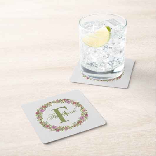 Monogramm für personalisiert rosa grüne Blütenflur Rechteckiger Pappuntersetzer (Vor Ort)