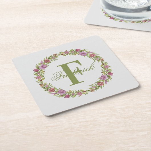 Monogramm für personalisiert rosa grüne Blütenflur Rechteckiger Pappuntersetzer (angewinkelt)