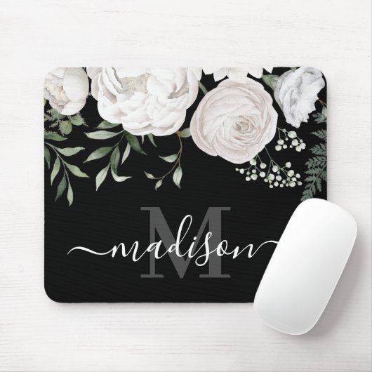 Monogramm für personalisierte Schwarz-weiße floral Mousepad (Mit Mouse)