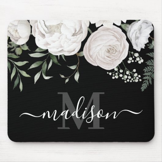 Monogramm für personalisierte Schwarz-weiße floral Mousepad (Vorne)