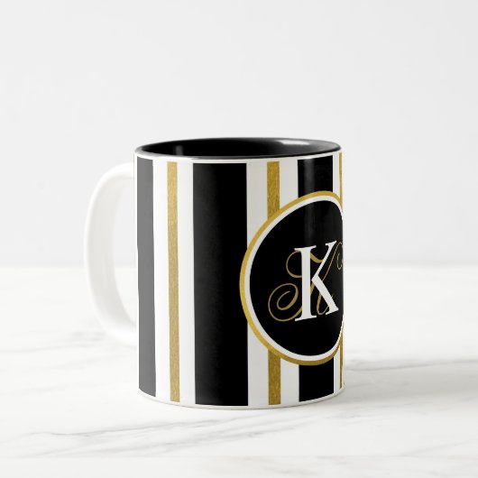 Monogramm für personalisierte schwarze und goldene zweifarbige tasse (Vorderseite Links)