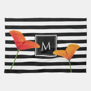 Monogramm für Poppy Chic Black Stripes Geschirrtuch