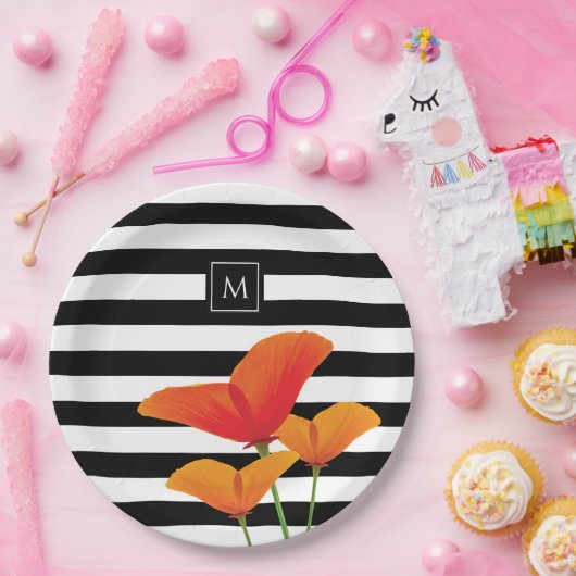 Monogramm für Poppy Chic Black Stripes Pappteller (Party)