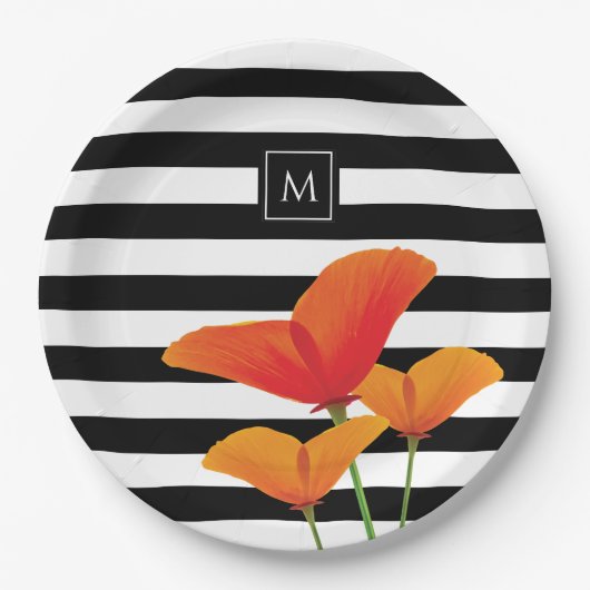 Monogramm für Poppy Chic Black Stripes Pappteller (Vorderseite)