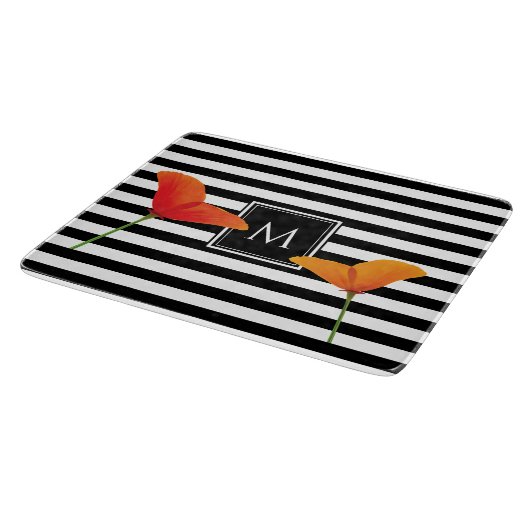 Monogramm für Poppy Chic Black Stripes Schneidebrett (Ecke)