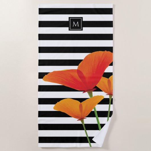 Monogramm für Poppy Chic Black Stripes Strandtuch (Vorderseite)