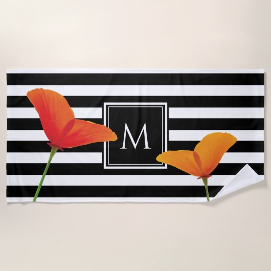 Monogramm für Poppy Chic Black Stripes Strandtuch (Vorderseite)