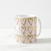Monogramm für rosa Pfirsich und goldene Herzen Kaffeetasse (VorderseiteRechts)
