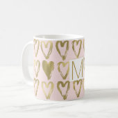Monogramm für rosa Pfirsich und goldene Herzen Kaffeetasse (Vorderseite Links)