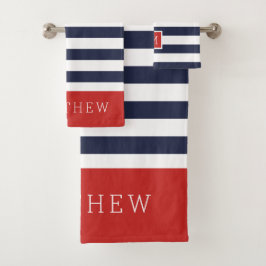 Monogramm für Rot und Navy Stripes Badhandtuch Set