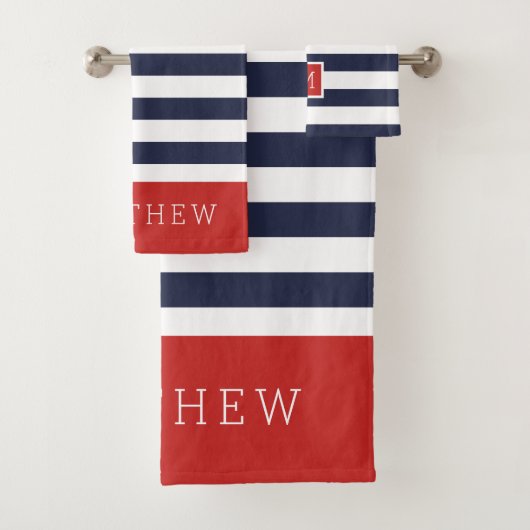 Monogramm für Rot und Navy Stripes Badhandtuch Set (Insitu)