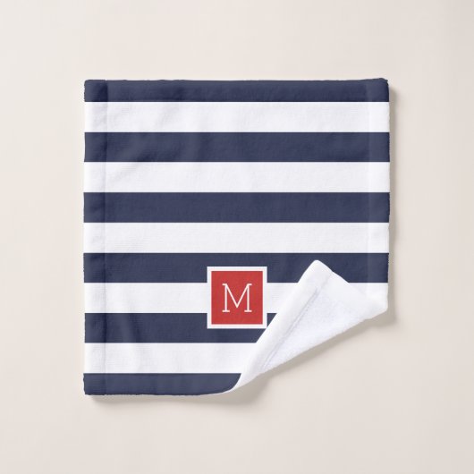 Monogramm für Rot und Navy Stripes Badhandtuch Set (Waschlappen)
